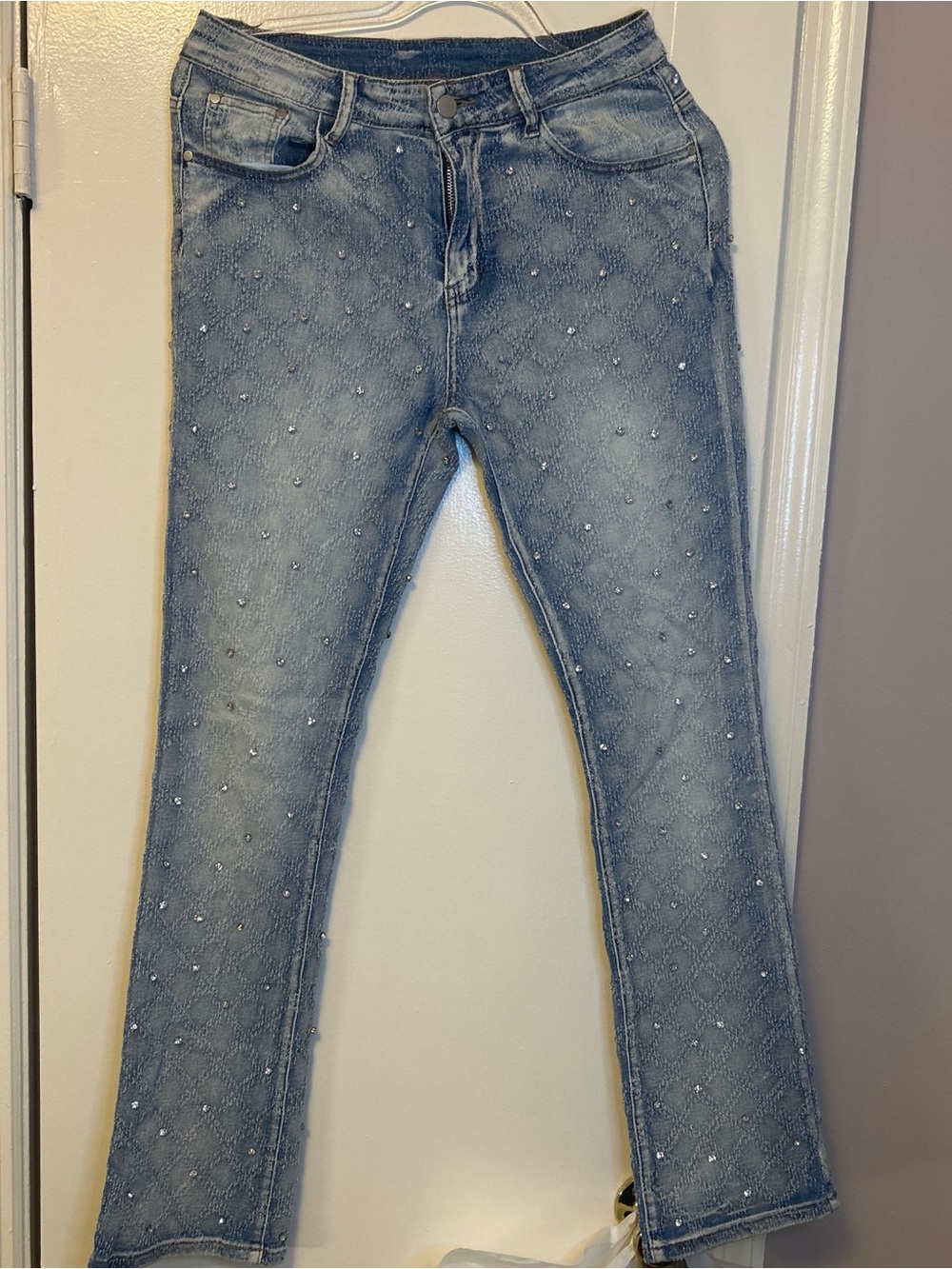 Women’s Light Blue Quilted Skinny Jeans with Crystal Accents